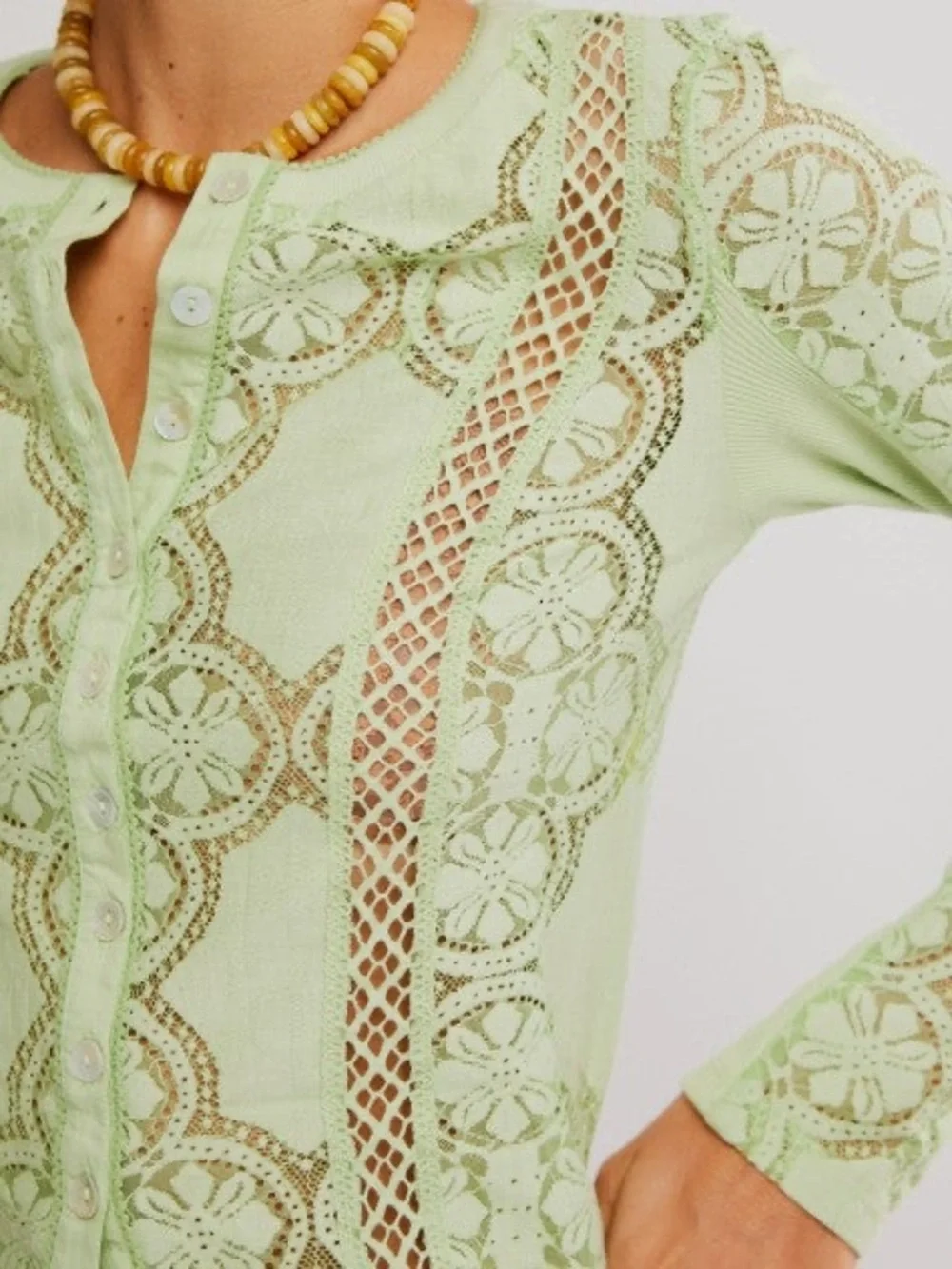 Free People Lace Button Front Cardigan Top – Soft Moss Green – Size Large